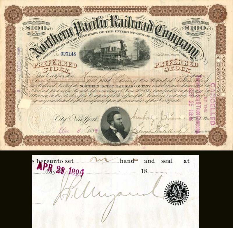Northern Pacific Railroad Co. with attached document signed by J.P. Morgan Jr.